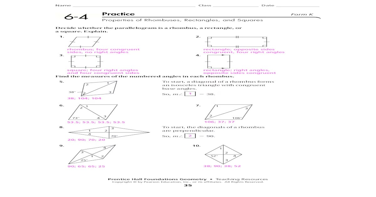 Properties of rhombi and squares worksheet answers